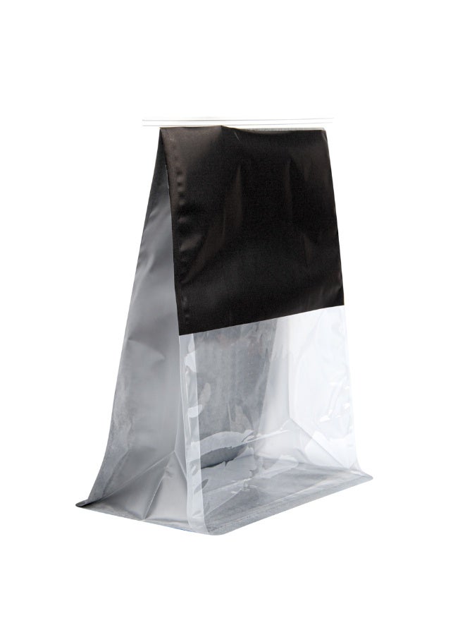 Restaurantware Bag Tek 8.6 x 4.5 x 10.6 Inch Tin Tie Bags With Windows, 100 Resealable Bakery Bags With Windows - Flat Bottom, For Cookies or Coffee Beans, Black Cotton Paper Tin Tie Bags - Image 1