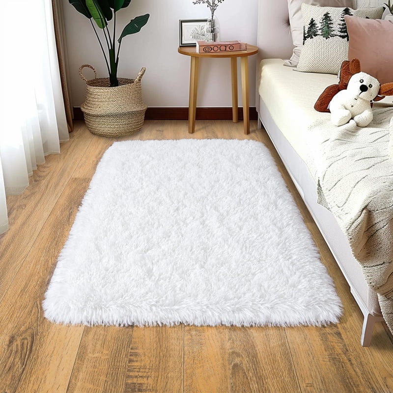 WISH TREE Shaggy Rugs for Bedroom Living Room Dorm Kids Room Decor, Soft Modern Indoor Fluffy Shag Area Rug, Non-Slip Fuzzy Floor Carpet 2x3 Feet, Cute Small Rectangle Plush Rug, White - Image 1