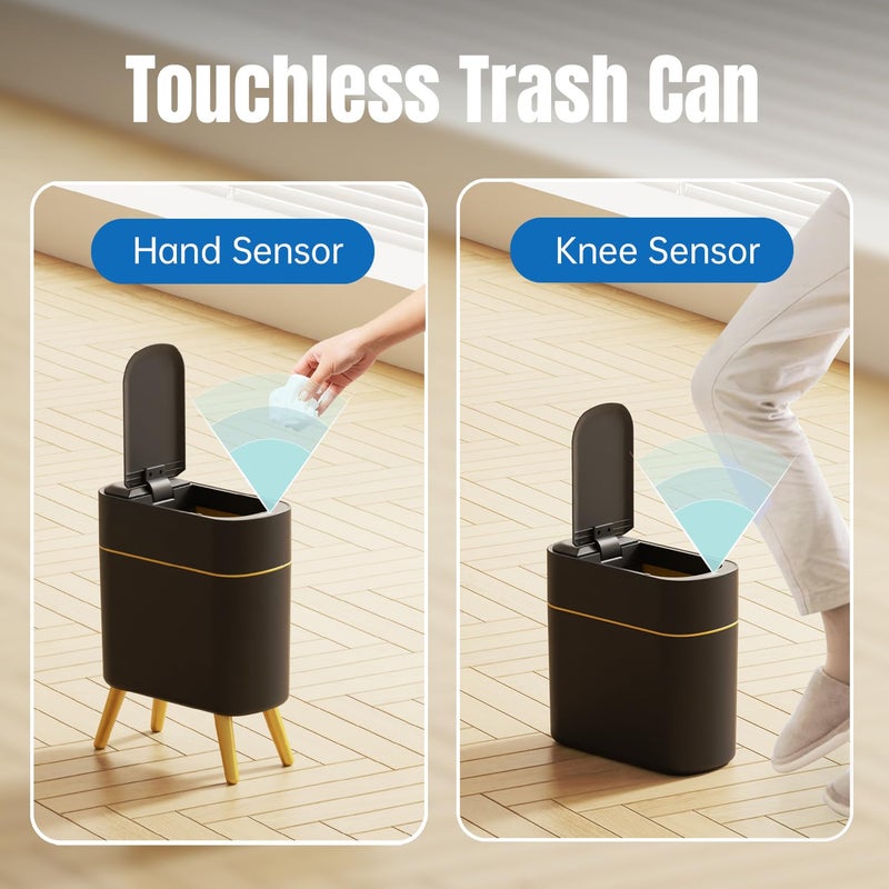 Yatmung Bathroom Trash Can Automatic Touchless Modern Smart Trash Bin - Narrow Waste Basket for Bedroom, Laundry Room, Office, Plastic - Motion Sensor Garbage Can with Lid - Black with Gold Edge - Image 2