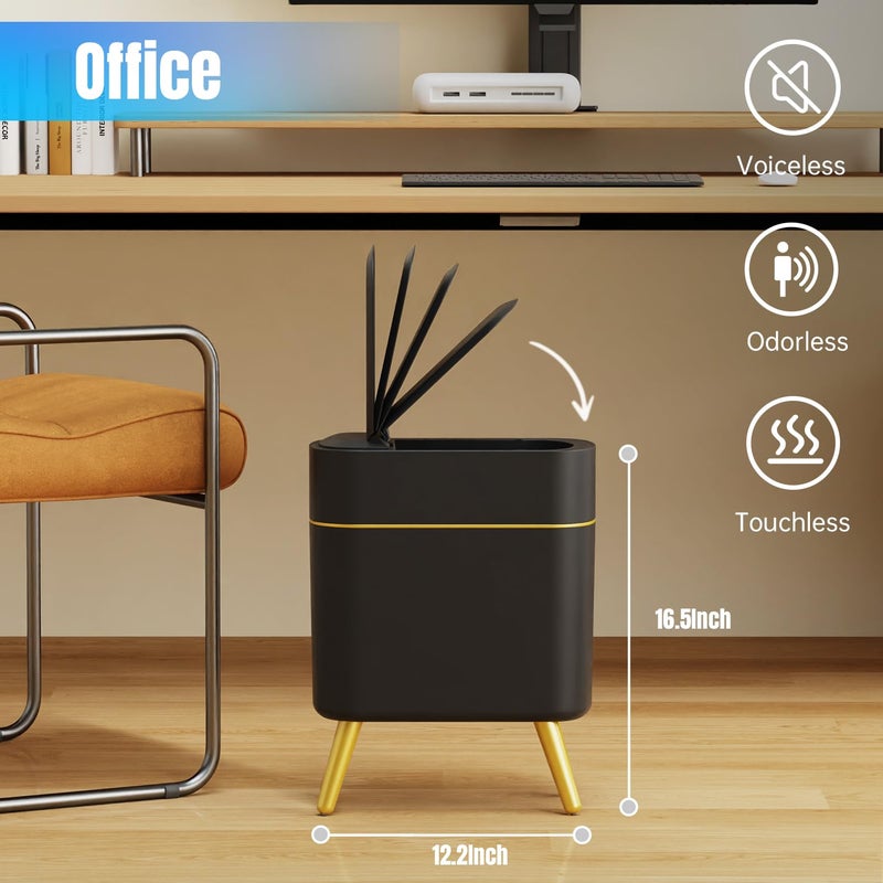 Yatmung Bathroom Trash Can Automatic Touchless Modern Smart Trash Bin - Narrow Waste Basket for Bedroom, Laundry Room, Office, Plastic - Motion Sensor Garbage Can with Lid - Black with Gold Edge - Image 5