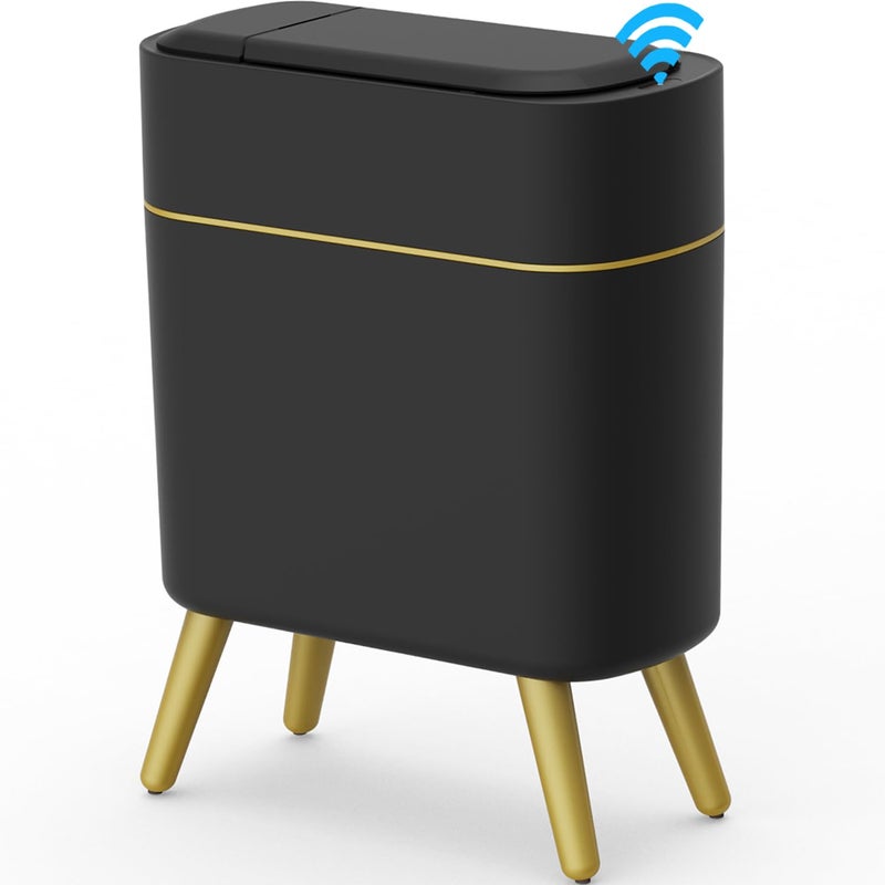 Yatmung Bathroom Trash Can Automatic Touchless Modern Smart Trash Bin - Narrow Waste Basket for Bedroom, Laundry Room, Office, Plastic - Motion Sensor Garbage Can with Lid - Black with Gold Edge - Image 1