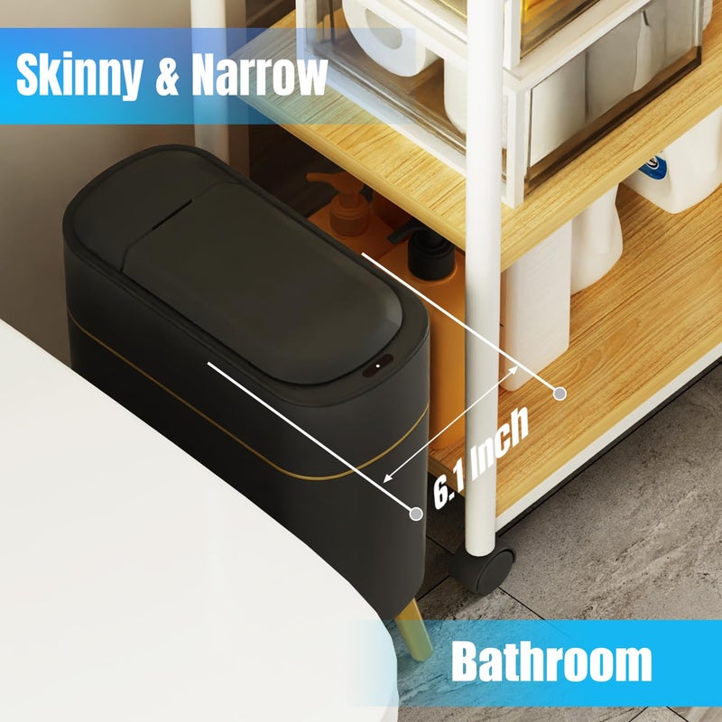 Yatmung Bathroom Trash Can Automatic Touchless Modern Smart Trash Bin - Narrow Waste Basket for Bedroom, Laundry Room, Office, Plastic - Motion Sensor Garbage Can with Lid - Black with Gold Edge - Image 3