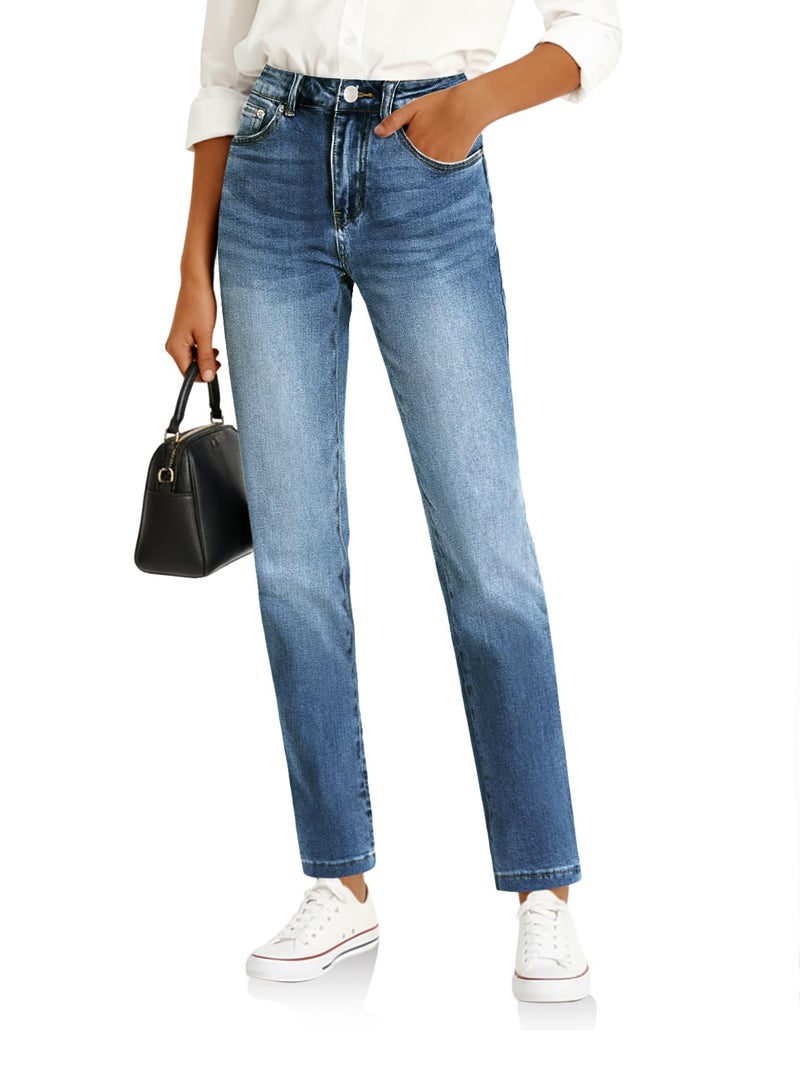 Cicy Bell Womens Straight Leg Jeans High Waisted Mid Rise Stretchy Denim Pants Tapered Petite Jeans Wash Blue - Image 1