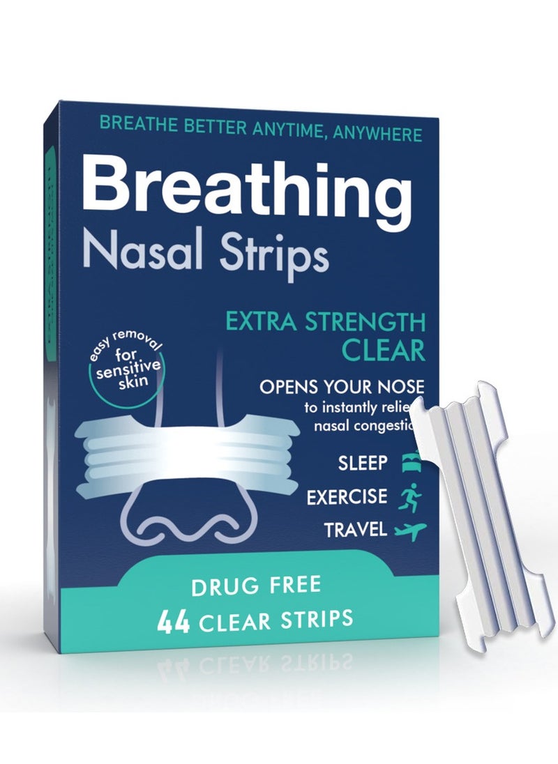Breathe Right Extra Strength Clear Nasal Strips (44 Strips) – Instant Relief for Congestion, Snoring & Sensitive Skin | Hypoallergenic, Flexible, Day & Night Use  - Image 1
