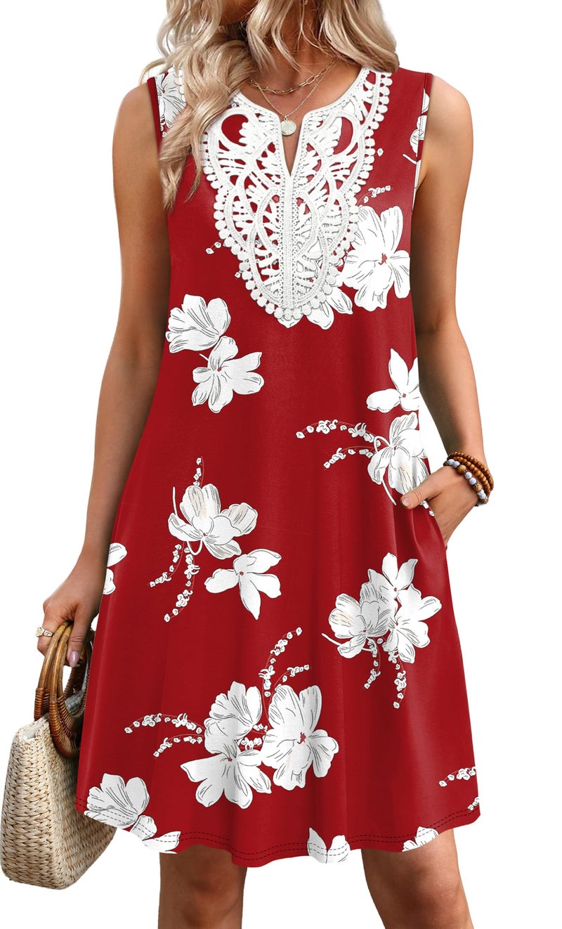 Sipaya Spring Dress for Women Casual Dresses V Neck Lace Sundress Tank Dress Wedding Guest Summer Clothes Beach Cover Ups for Women Loose Red Floral S - Image 3