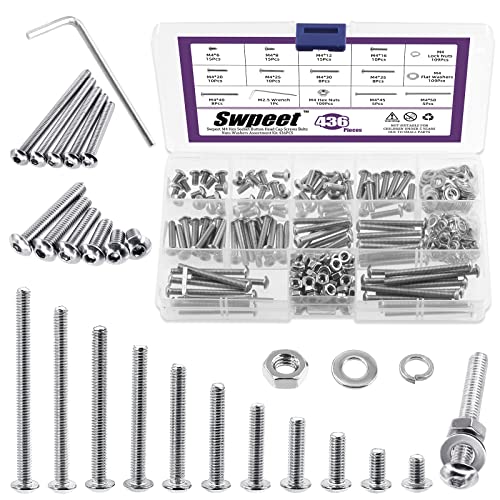 Swpeet 437Pcs M4 Metric 304 Stainless Steel Button Head Hex Socket Head Cap Bolts Screws Nuts and Hex Nuts with Flat Washers and Split Lock Washers Kit Screws Nuts Washers Wrench All Included - Image 1