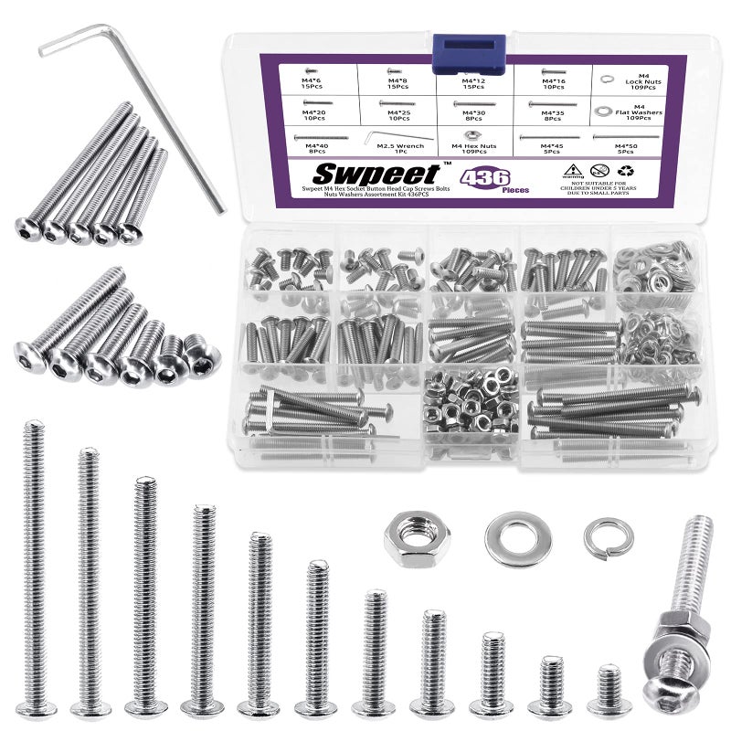 Swpeet 437Pcs M4 Metric 304 Stainless Steel Button Head Hex Socket Head Cap Bolts Screws Nuts and Hex Nuts with Flat Washers and Split Lock Washers Kit Screws Nuts Washers Wrench All Included - Image 2