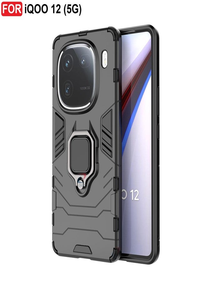 CEDO Rugged iQOO 12 (5G) Kickstand Case | Built-in Stand Rotating Ring Holder | Military Grade Armor Bumper Back Cover (Black) - Image 2