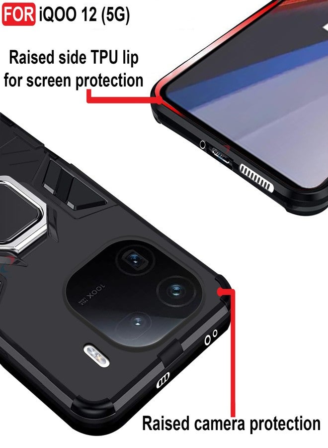 CEDO Rugged iQOO 12 (5G) Kickstand Case | Built-in Stand Rotating Ring Holder | Military Grade Armor Bumper Back Cover (Black) - Image 4