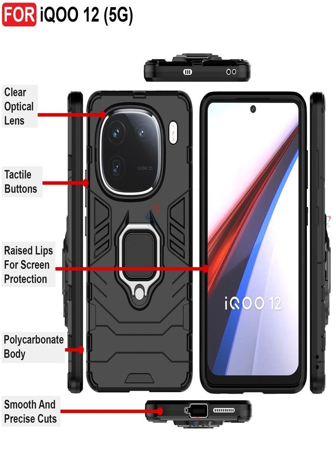 CEDO Rugged iQOO 12 (5G) Kickstand Case | Built-in Stand Rotating Ring Holder | Military Grade Armor Bumper Back Cover (Black) - Image 3