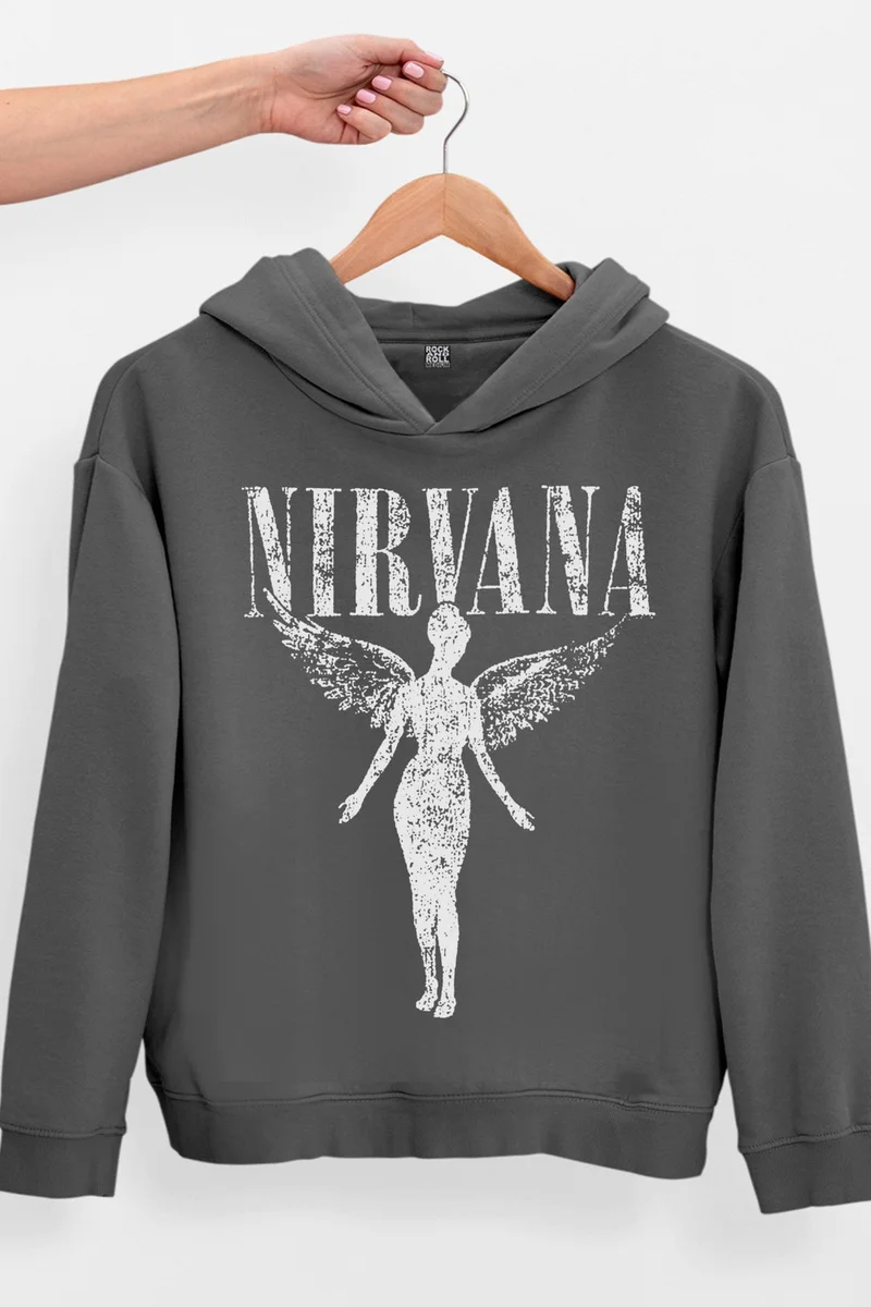روك اند رول Rock & Roll Angel Nirvana Anthracite Oversize Hooded Thick Women's Sweatshirt