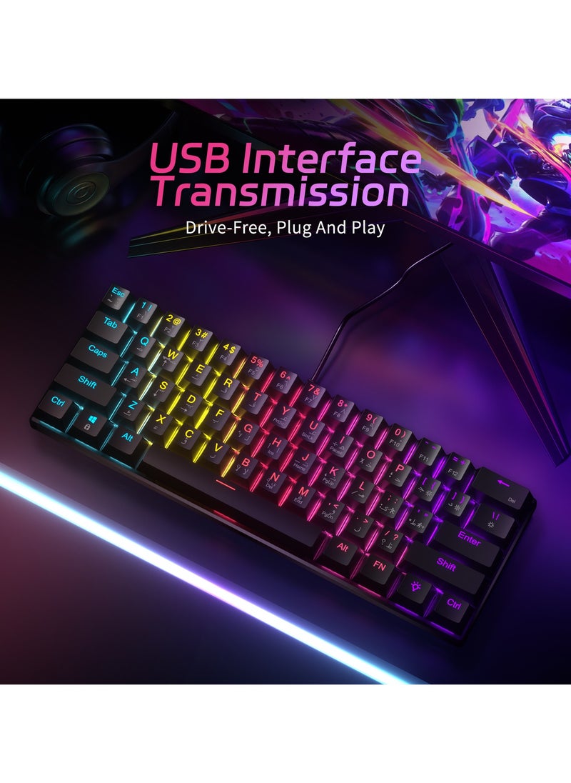 INFOSUN - 61-Key English Arabic Mechanical Keyboard, Red Switch Hybrid Light Compact Mini Wired Keyboard for PC, Mac E-sports Portable Gaming Keyboard - Black - Image 1