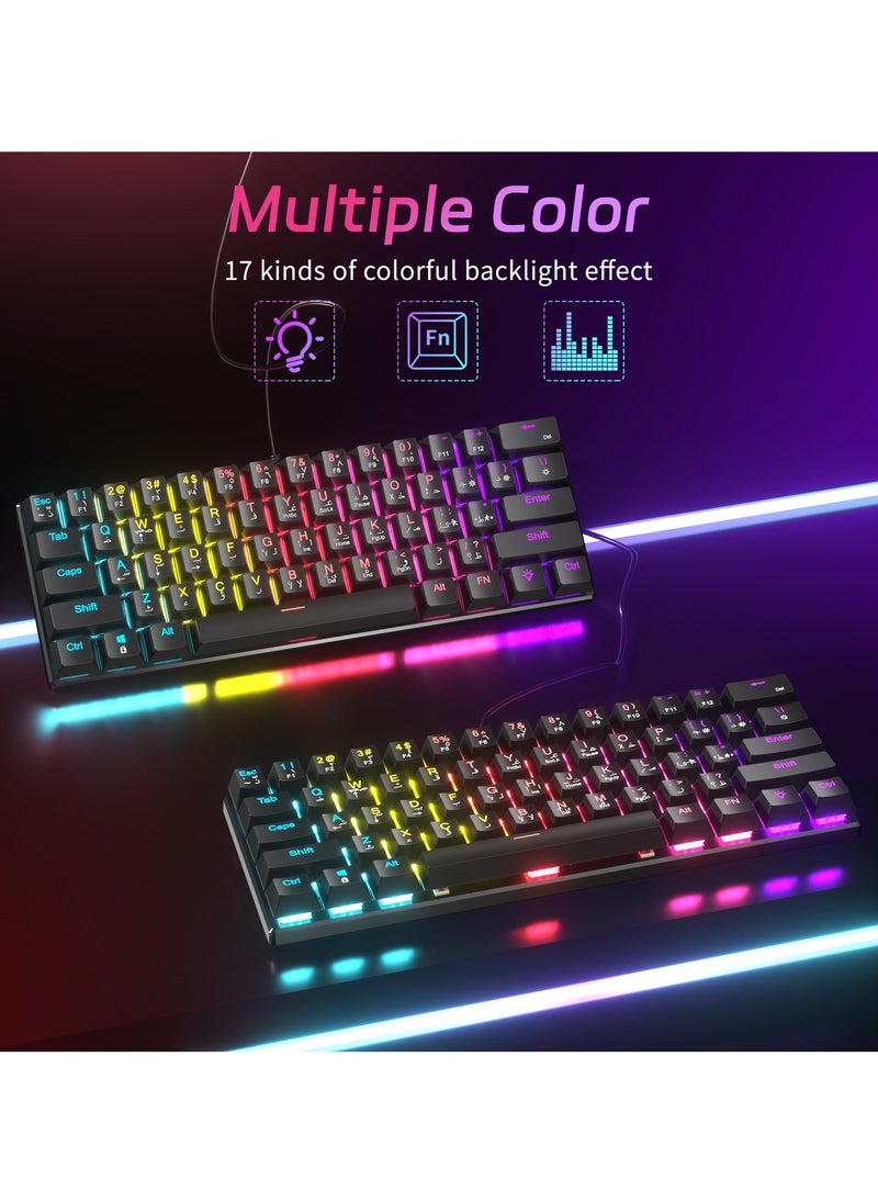 INFOSUN - 61-Key English Arabic Mechanical Keyboard, Red Switch Hybrid Light Compact Mini Wired Keyboard for PC, Mac E-sports Portable Gaming Keyboard - Black - Image 1