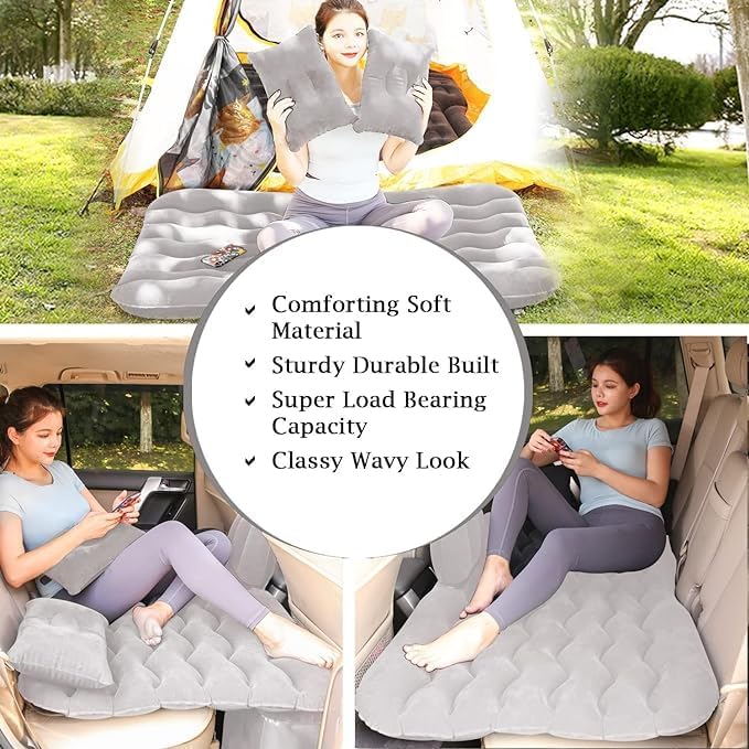 Eloxee Car Inflatable Bed with Pump & 2 Air Pillows | Back Seat Car Air Mattress for Travel, Camping, Trips, Picnic, Beach & Pool | Quick Inflatable Portable Car Bed Mattress for SUV & Sedan (Grey) - Image 4