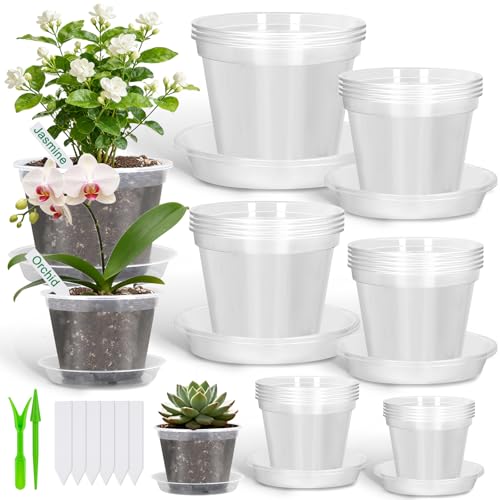 Modacraft 26 Pack Clear Plastic Nursery Pot for Plants with Saucers, 2 Garden Tools and 30 Labels, Variety Clear Nursery Planter with Drainage Holes for Indoor Outdoor (3.1/3.5/3.9/5.1/5.9/7.1 inch) - Image 1
