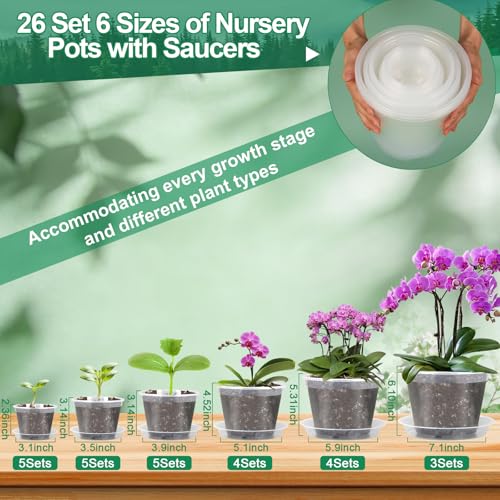 Modacraft 26 Pack Clear Plastic Nursery Pot for Plants with Saucers, 2 Garden Tools and 30 Labels, Variety Clear Nursery Planter with Drainage Holes for Indoor Outdoor (3.1/3.5/3.9/5.1/5.9/7.1 inch) - Image 3