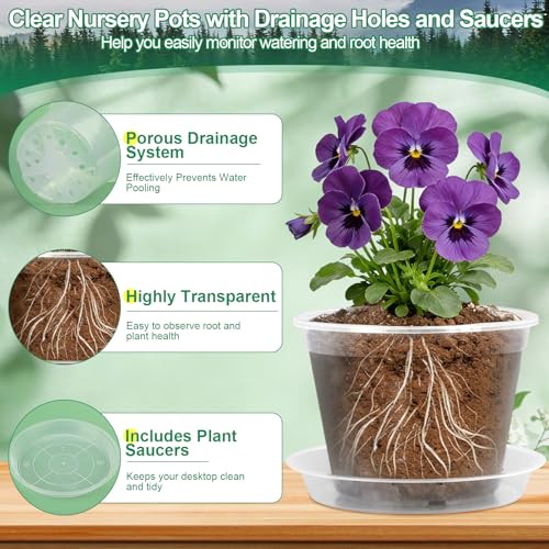 Modacraft 26 Pack Clear Plastic Nursery Pot for Plants with Saucers, 2 Garden Tools and 30 Labels, Variety Clear Nursery Planter with Drainage Holes for Indoor Outdoor (3.1/3.5/3.9/5.1/5.9/7.1 inch) - Image 2
