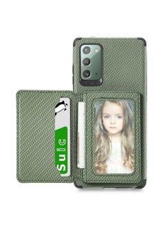 Case Cover For Samsung Galaxy Note20 Carbon Fiber Magnetic Card Bag TPU+PU Shockproof Back Cover Case with Holder & Card Slot & Photo Frame Green