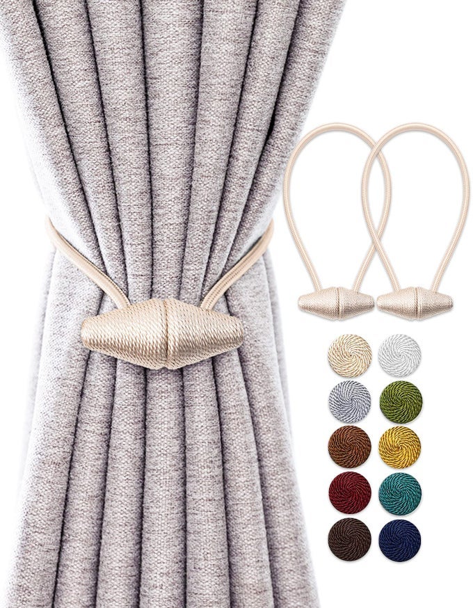 Magnetic Curtain Tiebacks with Upgrade Larger Magnet 2 Pack 16 Inch Drapery Holdbacks for Indoor Outdoor Curtain Beige