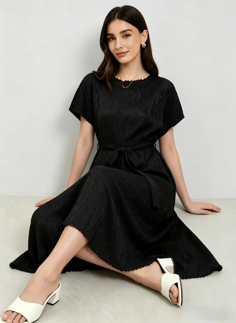 Take Two Black Textured Tie-Up Details A-Line Midi Dress