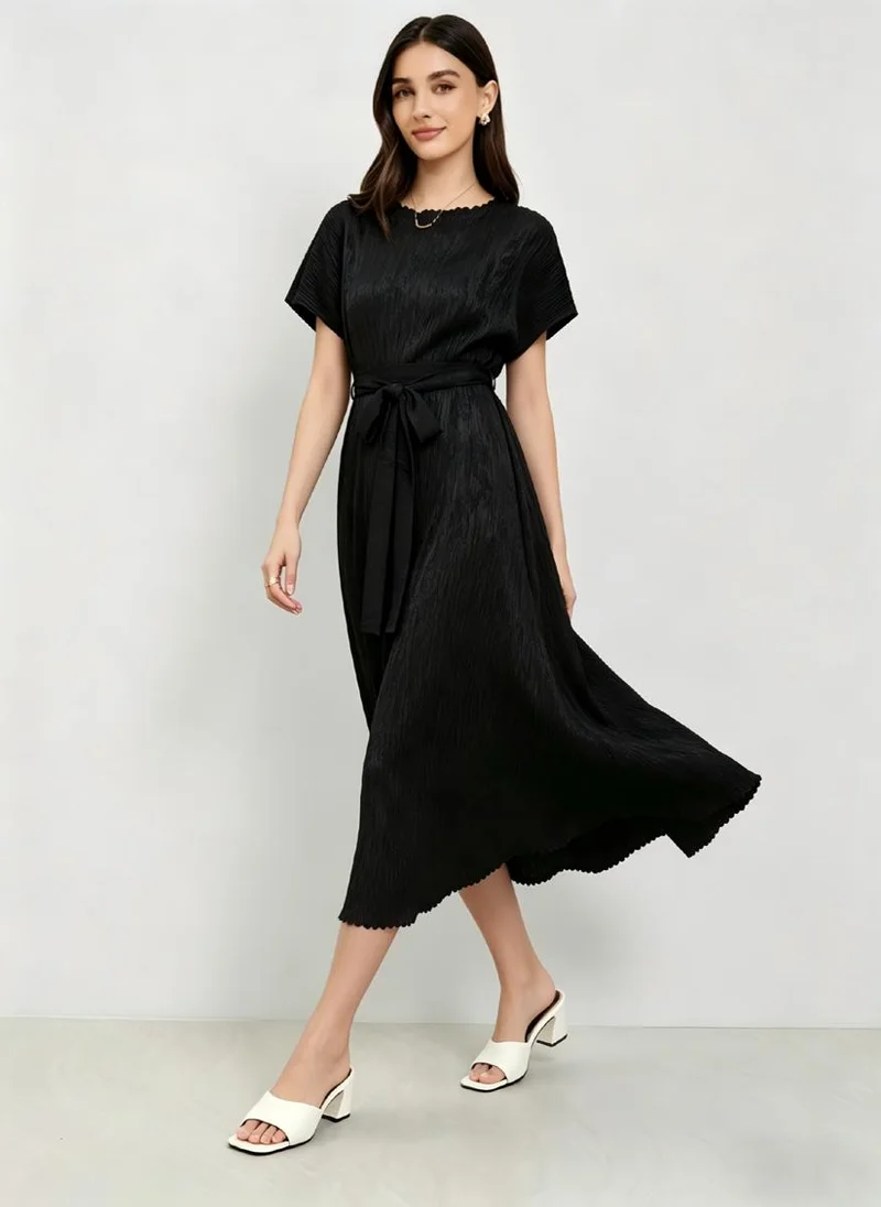 Take Two Black Textured Tie-Up Details A-Line Midi Dress