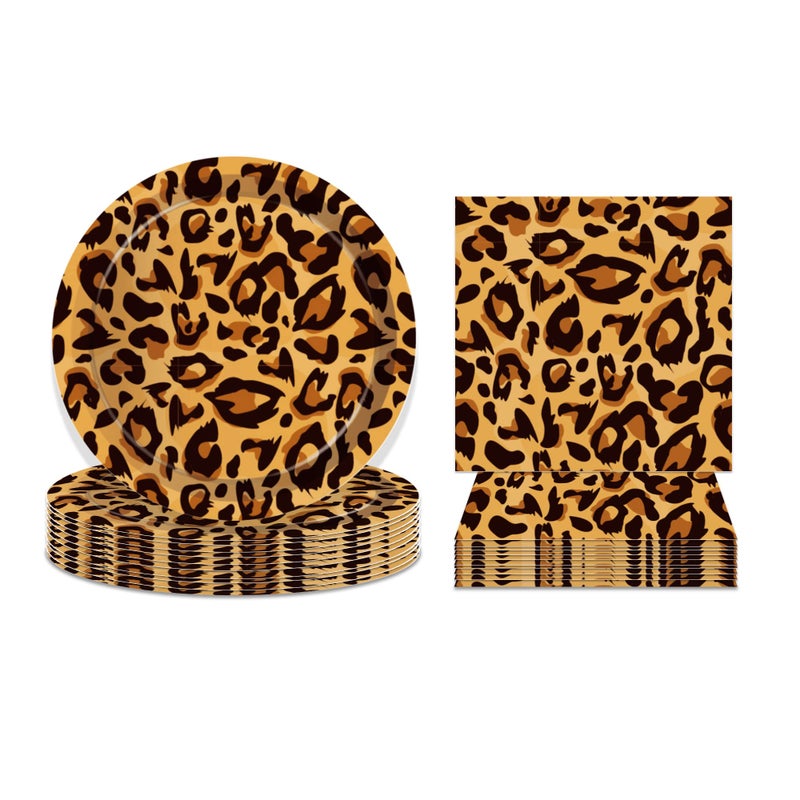 Leopard Plates and Napkins Serves 24 Gusets 64 Pcs Leopard Party Supplies Disposable Tableware Set Paper Dinner Dessert Cake Plates Napkins for Leopard Themed Birthday Parties Decoration