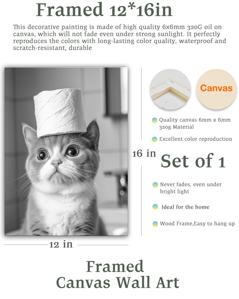UPWOIGH Funny Black and White Cat Bathroom Wall Art, Cat with Toilet Paper Roll Decor, Cute Pet Humor Poster, Wood Framed Canvas 12x16 Inch - Image 2