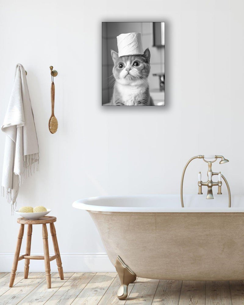 UPWOIGH Funny Black and White Cat Bathroom Wall Art, Cat with Toilet Paper Roll Decor, Cute Pet Humor Poster, Wood Framed Canvas 12x16 Inch - Image 4