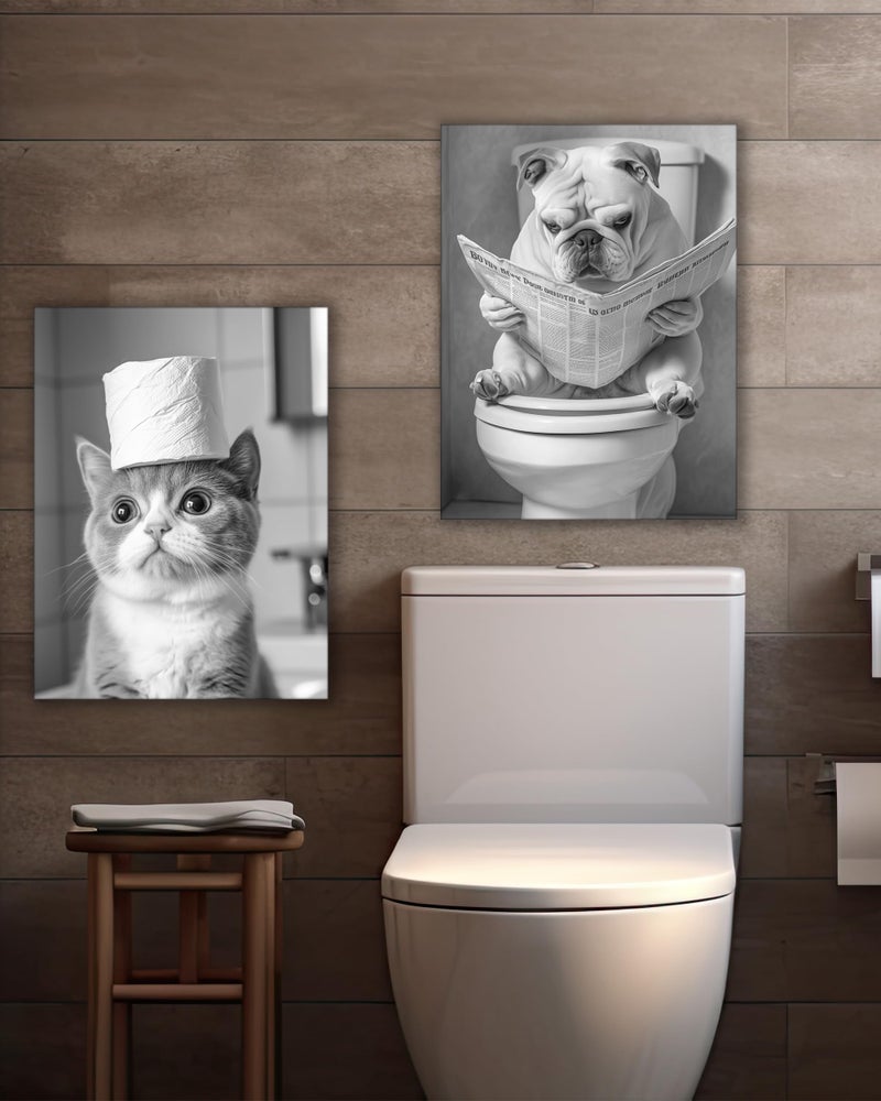 UPWOIGH Funny Black and White Cat Bathroom Wall Art, Cat with Toilet Paper Roll Decor, Cute Pet Humor Poster, Wood Framed Canvas 12x16 Inch - Image 5