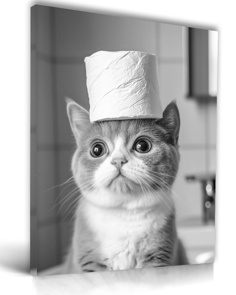 UPWOIGH Funny Black and White Cat Bathroom Wall Art, Cat with Toilet Paper Roll Decor, Cute Pet Humor Poster, Wood Framed Canvas 12x16 Inch - Image 1