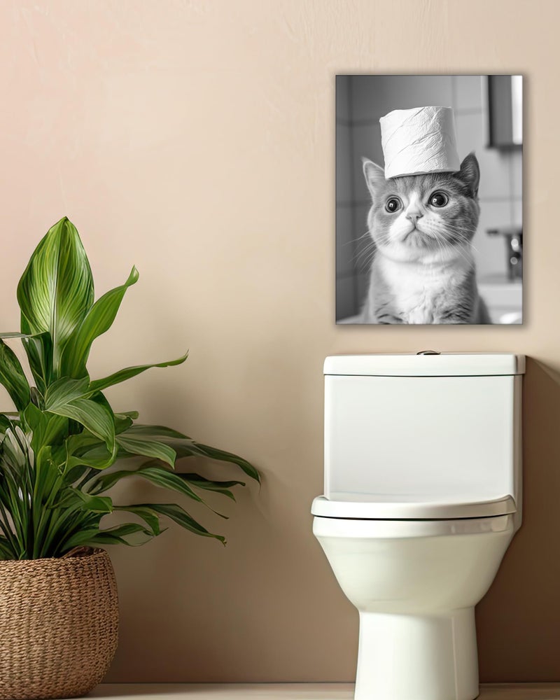 UPWOIGH Funny Black and White Cat Bathroom Wall Art, Cat with Toilet Paper Roll Decor, Cute Pet Humor Poster, Wood Framed Canvas 12x16 Inch - Image 3