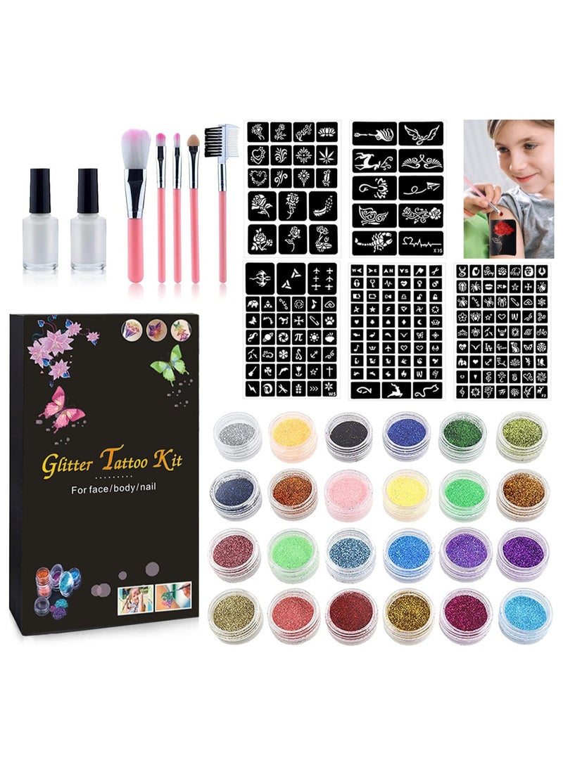 Generic Temporary Glitter Tattoo Kit 24 Colors Body Glitter with 5 Brushes 2 Glue and Stencils, Temporary Shimmer Tattoo for Body Face Nail Kids Stage Concert Party Wedding Makeup, Art Craft Card Make Tool  - Image 1