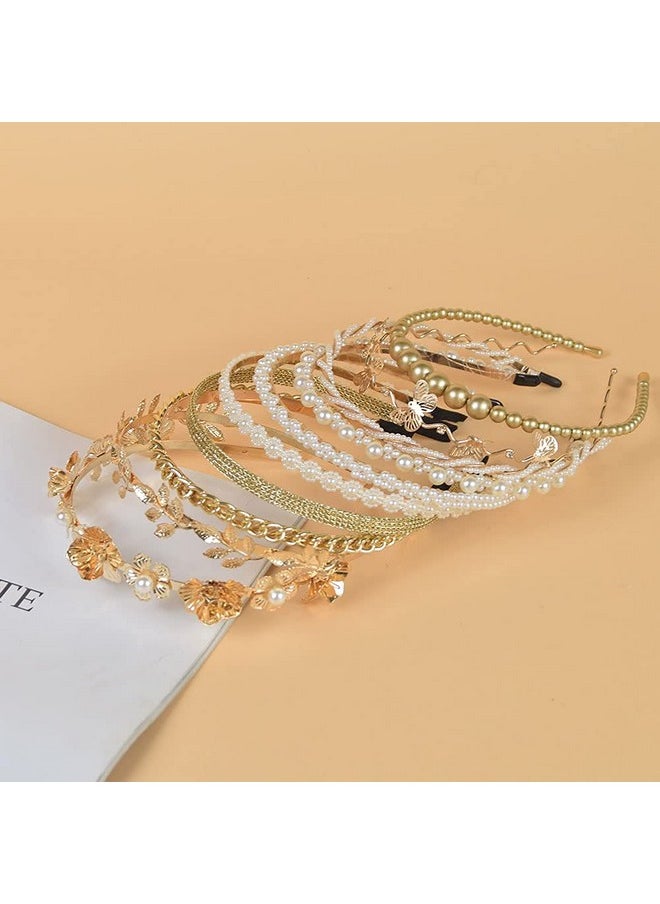 LifeDawn - 10 PCS Pearls Headband, Rhinestones, Gold Metal Headbands, White Hairbands Leaf Decor Metallic Butterfly Flower Chained Bridal Hair Hoop, Wedding Hair Accessories for Women Girls ¡ - Image 1
