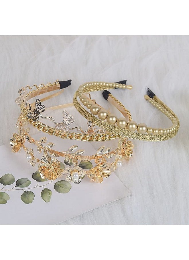 LifeDawn - 10 PCS Pearls Headband, Rhinestones, Gold Metal Headbands, White Hairbands Leaf Decor Metallic Butterfly Flower Chained Bridal Hair Hoop, Wedding Hair Accessories for Women Girls ¡ - Image 1