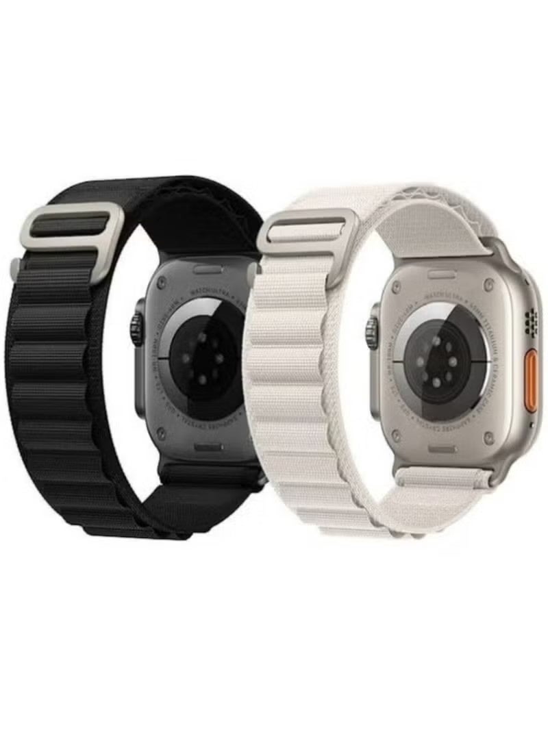 عبوة من قطعتين من سوار Alpine Loop لساعة Apple Watch، مقاس 49 مم/45 مم/44 مم، مصنوع من النايلون المنسوج، مناسب لساعات Apple Watch Series 8/Ultra/7/SE/6/5/4/3/2/8، متوفر باللونين الأبيض والأسود. - Image 1