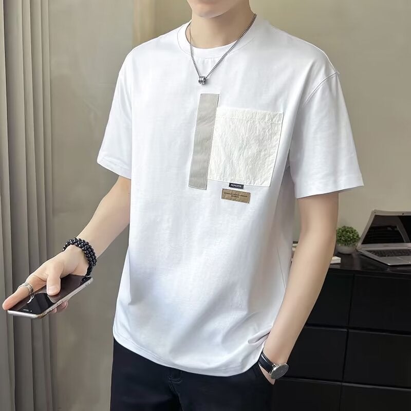 New Short-Sleeved T-Shirt Men'S Summer Korean-Style Trendy Simple Half-Sleeved Top Hong Kong-Style Loose Casual Trendy Brand T-Shirt - Image 1