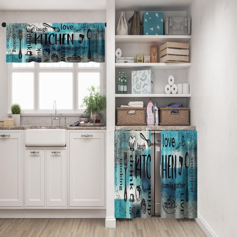 Tayney Farmhouse Chef Kitchen Window Curtains Valance and Tier Set 36 Inch, Modern Abstract Turquoise Teal Art Rod Pocket Short Tier Curtain for Bathroom, Funny Cafe Drapes for Kitchen Decor - Image 2