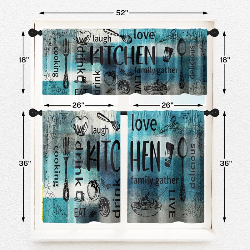 Tayney Farmhouse Chef Kitchen Window Curtains Valance and Tier Set 36 Inch, Modern Abstract Turquoise Teal Art Rod Pocket Short Tier Curtain for Bathroom, Funny Cafe Drapes for Kitchen Decor - Image 3