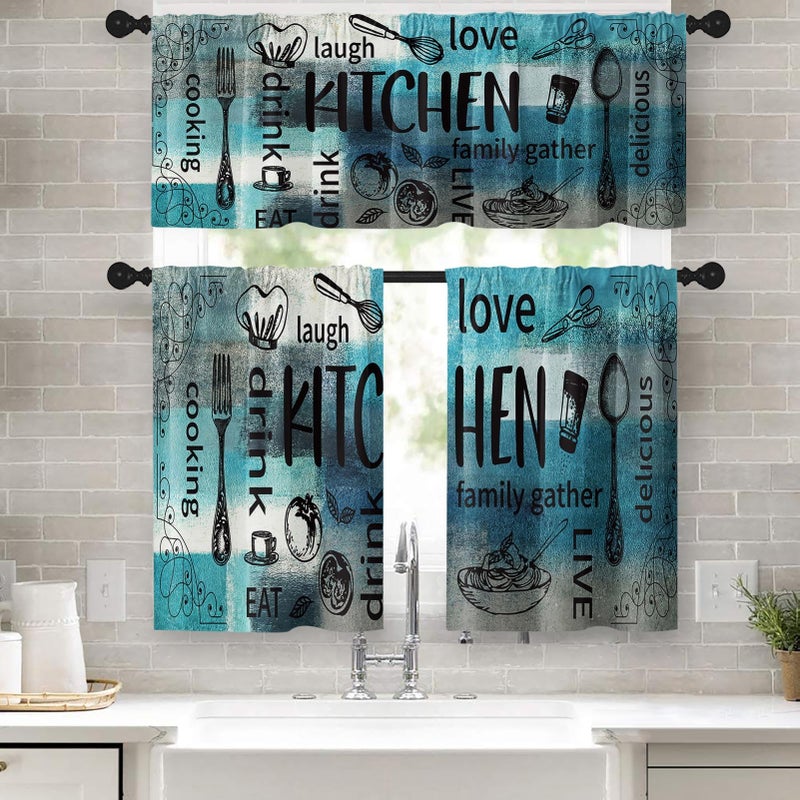 Tayney Farmhouse Chef Kitchen Window Curtains Valance and Tier Set 36 Inch, Modern Abstract Turquoise Teal Art Rod Pocket Short Tier Curtain for Bathroom, Funny Cafe Drapes for Kitchen Decor - Image 1