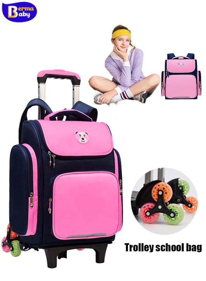 Berma Baby حقيبة ظهر بعجلات للأولاد والبنات في المدارس الابتدائية، الصفوف من 1 إلى 6، حقيبة ظهر كبيرة ذات 6 عجلات للتسلق الجبلي، حقيبة ظهر بعجلات، حقيبة ظهر بعجلات قابلة للفصل للمراهقين، وردية - Image 1