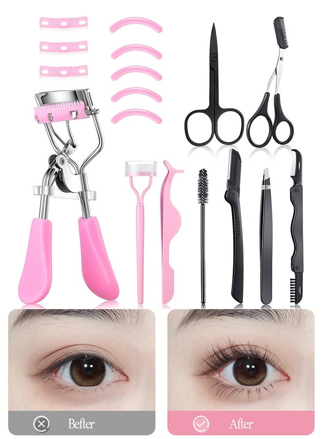 17 Pcs Eyelash Curler & Eye Makeup Tool Kit, with Lash Comb Separator, Extension Tweezers, False Lash Applicator, Eyebrow Brush, Scissors, Trimmer & Silicone Refill Pads, Women's Lash & Brow Grooming Set, Pink - Image 1