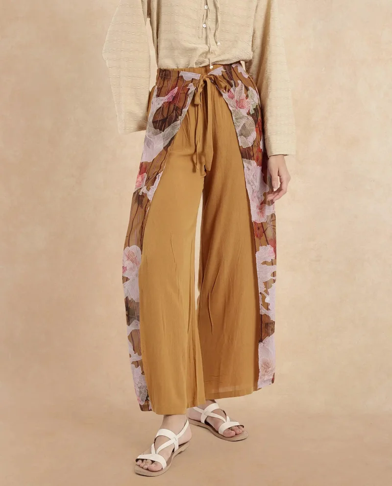 Rareism Women's Floral Print Wide Ankle-Length Trouser