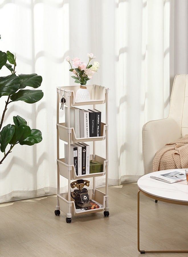LAWAZIM Movable Bookshelf Storage - 4 Layer, White, 35x26.5x99cm - Easy to Assemble Rolling Cart with Lockable Wheels, Open-Front Bins, and Side Hooks - for Organizing Home, Office, Kitchen, Bathroom - Image 1