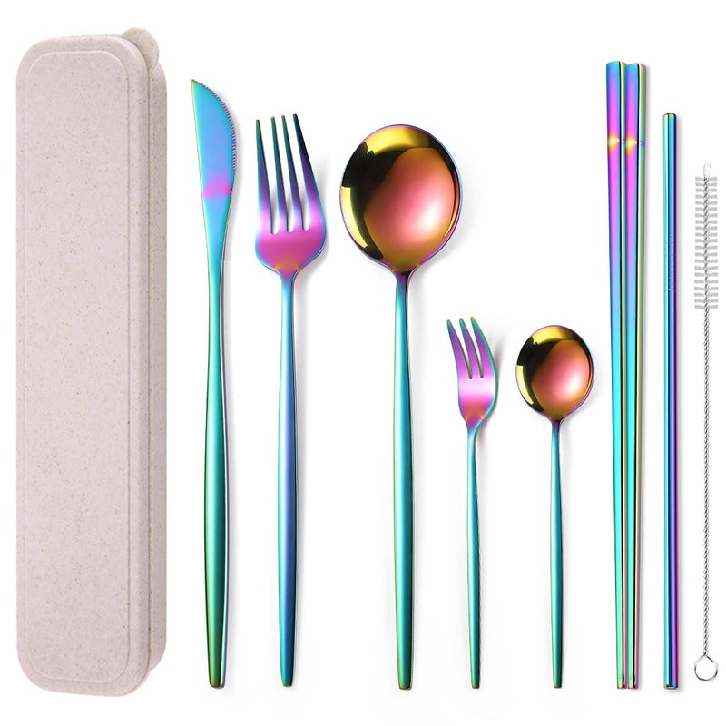 AARAINBOW 8 Pieces Stainless Steel Flatware Set Portable Reusable Cutlery Set Travel Utensils Set Including Chopsticks Knife Fork Spoon Straws Cleaning Brush Dishwasher Safe Green Golden