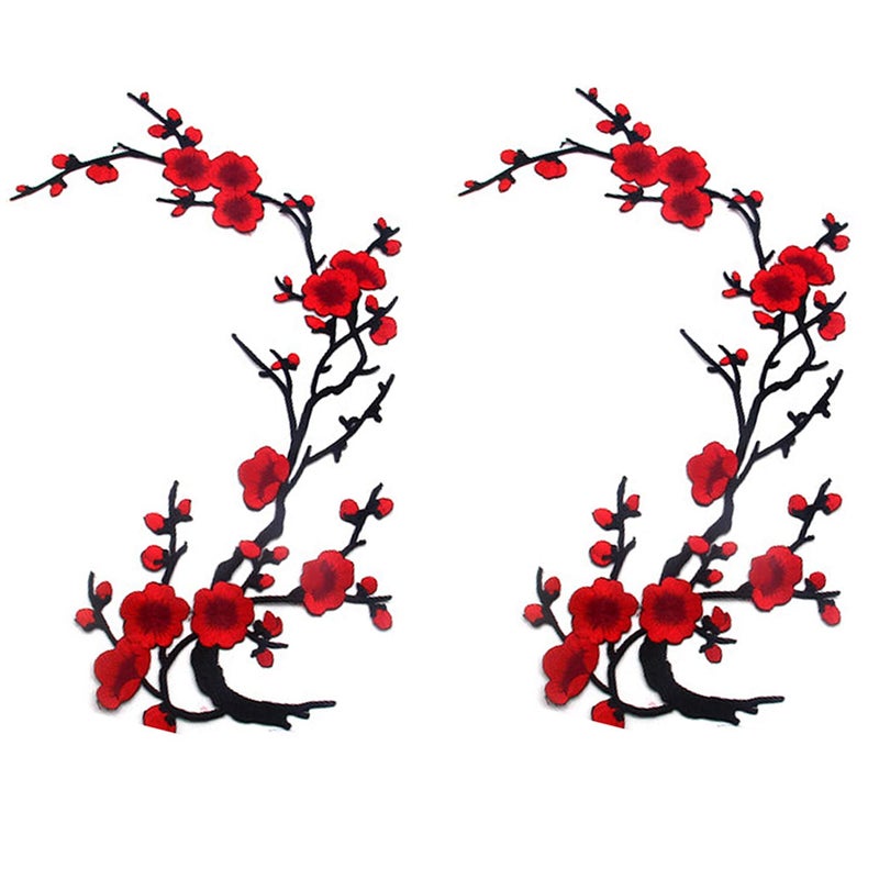 ZENG 2PCS Plum Blossom Embroidery Patches SewIronOn Applique for Jeans Hats Shirts  DIY Fabric Accessories RedBlack