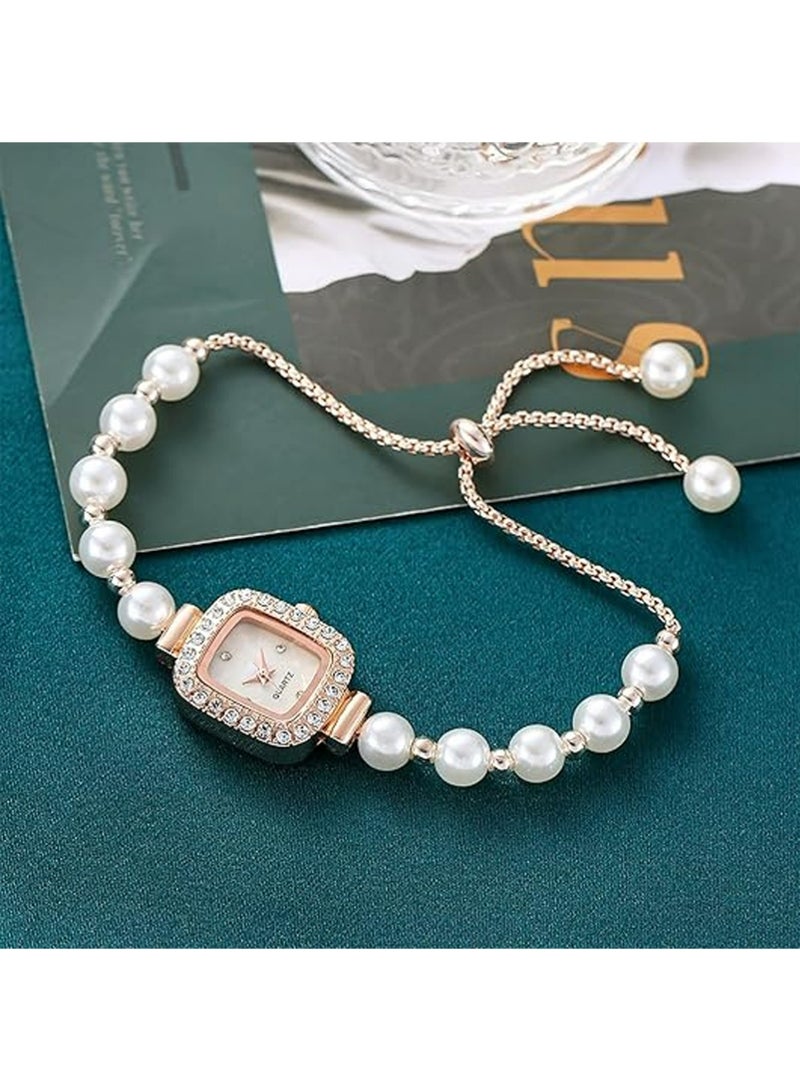 QUARTZ 2PCS Ladies Wristwatch and Bracelet Set Exquisite and Fashionable Diamond Pearls Watch for Women - Image 5