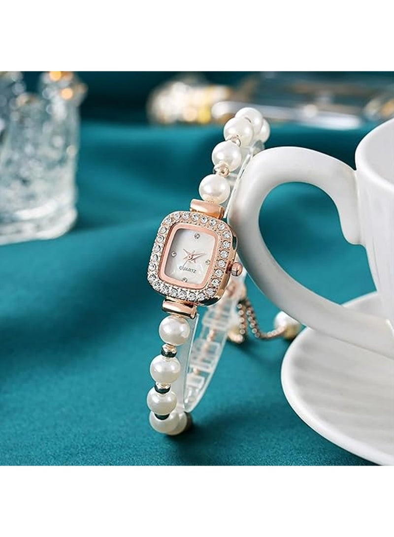 QUARTZ 2PCS Ladies Wristwatch and Bracelet Set Exquisite and Fashionable Diamond Pearls Watch for Women - Image 4