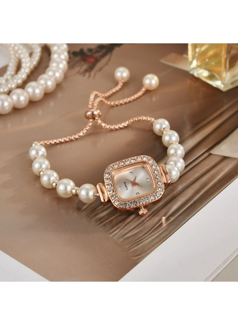 QUARTZ 2PCS Ladies Wristwatch and Bracelet Set Exquisite and Fashionable Diamond Pearls Watch for Women - Image 2