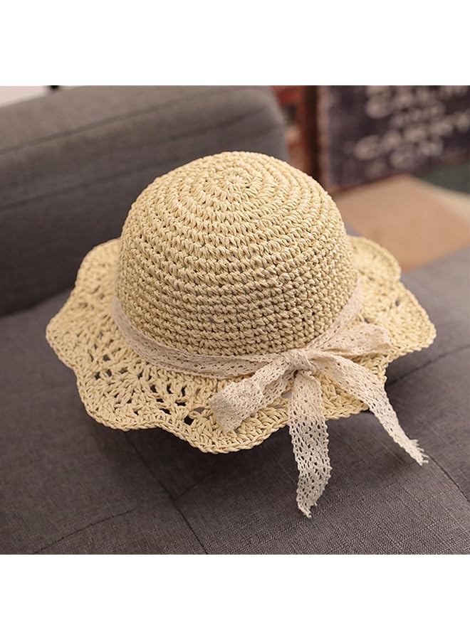 Excefore Baby Sun Hat Baby Straw Hat Baby Girl Straw Hat Baby Girl Sun Hat Toddler Summer Sun Cap With Bow Baby Beach Hat Foldable Beach Sun Protection Hats For 2 6 Years Beige - Image 3