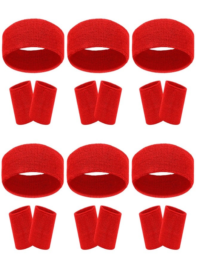 Ultrafun 18 Pcs Sweatbands Headband Wristband Set Colorful Striped Terry Cloth Sports Athletic Gym 80s Sweat Headbands Wrist Bands (Red) - Image 1